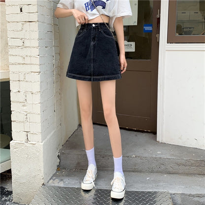 Jupe en jean noir, grande taille, été, nouveau style, jupe trapèze taille haute 3657 