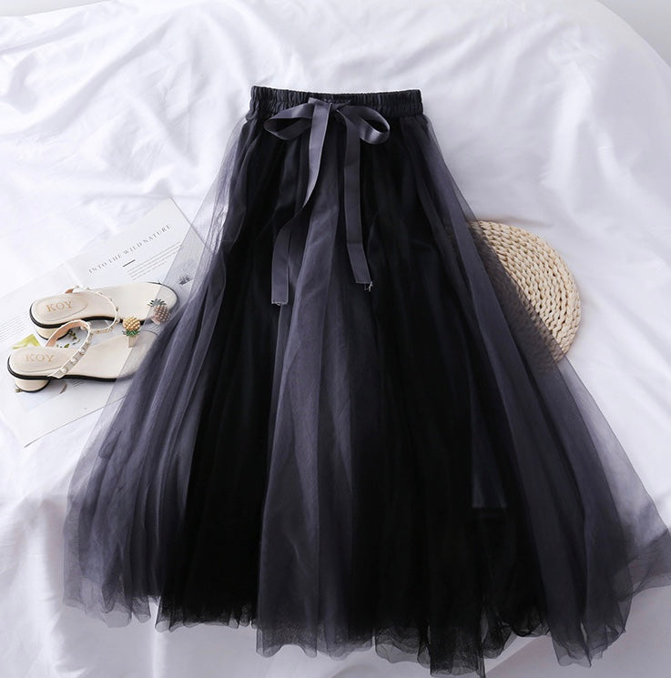 Jupe bouffante taille haute en maille fine, nœud papillon, super fée, jupe mi-longue assortie aux couleurs 3601