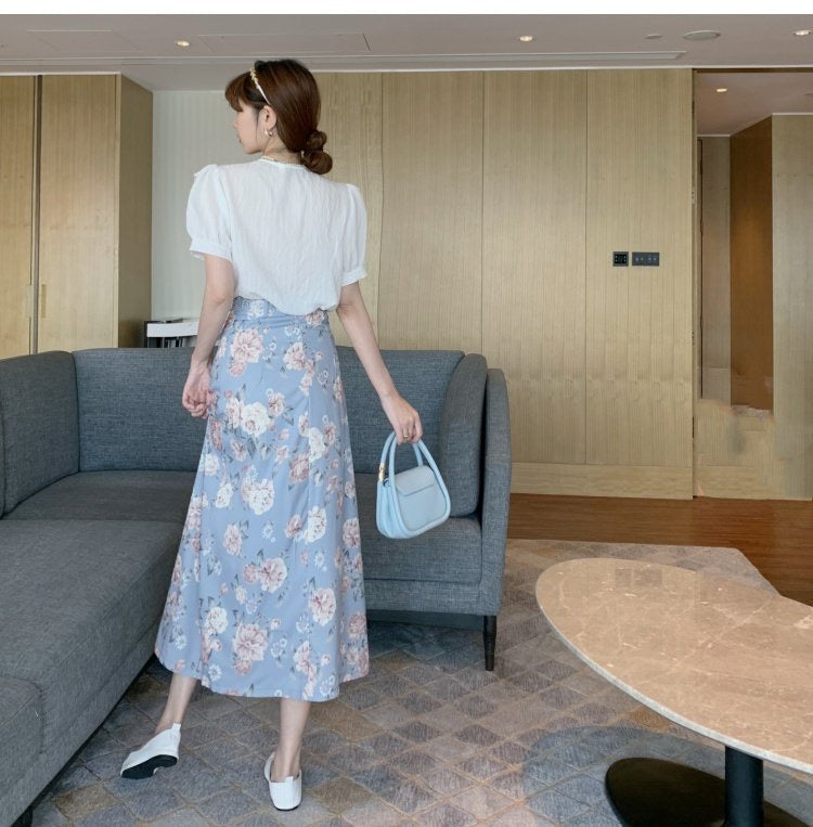 Nouveau style, tempérament, jupe midi fendue, longue jupe trapèze fleurie 3552