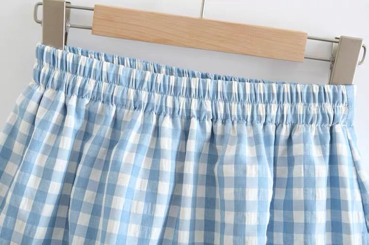 Jupe trapèze à volants à carreaux bleu clair, jupe d'été taille haute pour étudiantes 3575