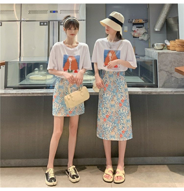 Jupe à fleurs cassées peinte à l'huile, été, jupe moulante fine, jupe midi taille haute 3555