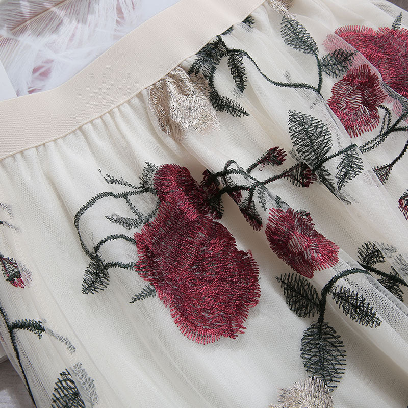 Embroidered large flowers, stylish, sweet mesh midi fairy skirt  3632