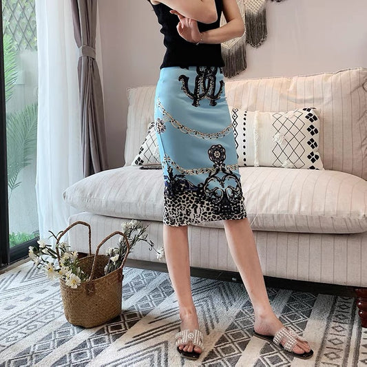 Jupe taille haute, jupe moulante extensible amincissante, jupe imprimée fendue 3543