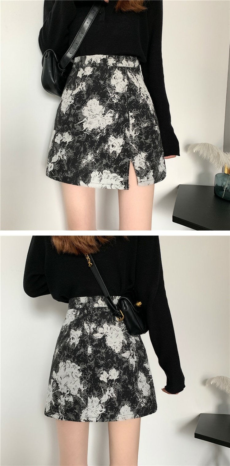 Jupe de peinture à l'huile, nouveau style, taille haute, jupe courte, jupe fesse, jupe trapèze fendue 3558