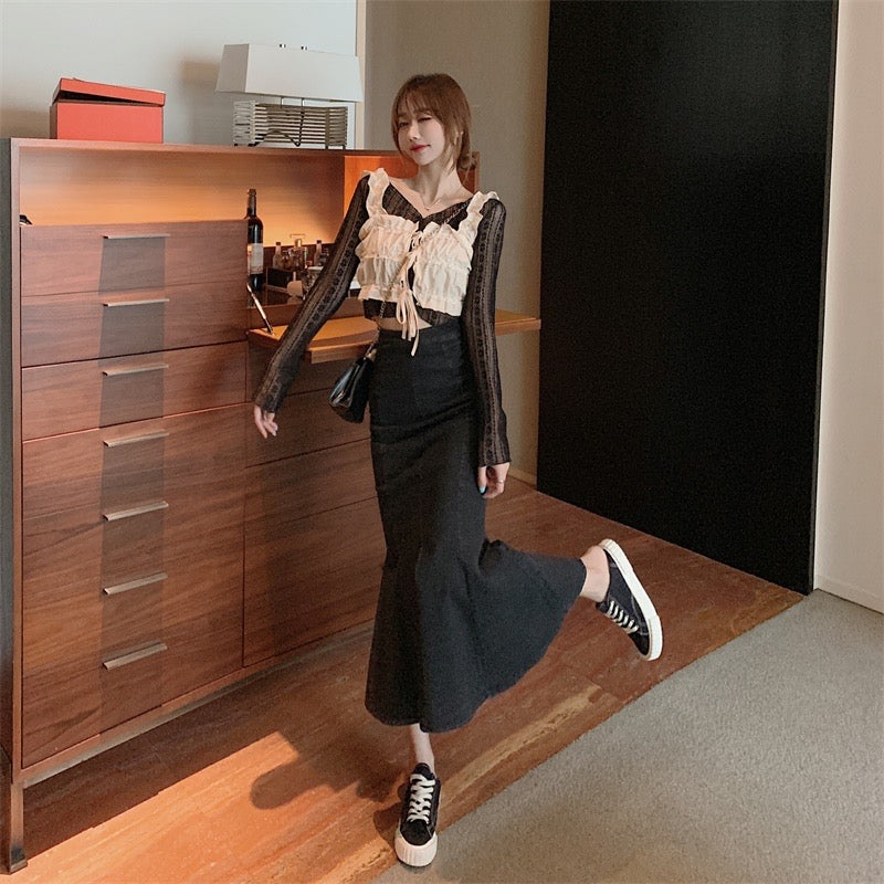 Fashion Mermaid Skirt, New Style, High Waist, Midi Hip Skirt, Vintage Denim Skirt  3570