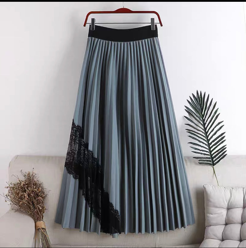 Nouveau style, taille haute, grande balançoire, taille élastique, jupe mi-longue plissée en dentelle épissée 3624