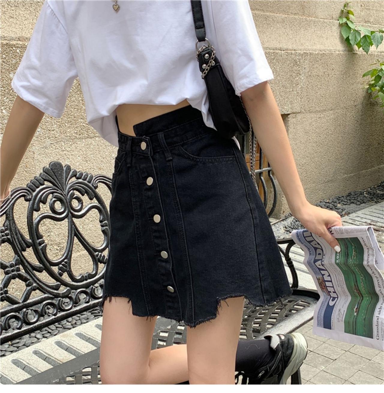 Irregular black skirt, summer, new style, high-waisted A-line skirt  3656