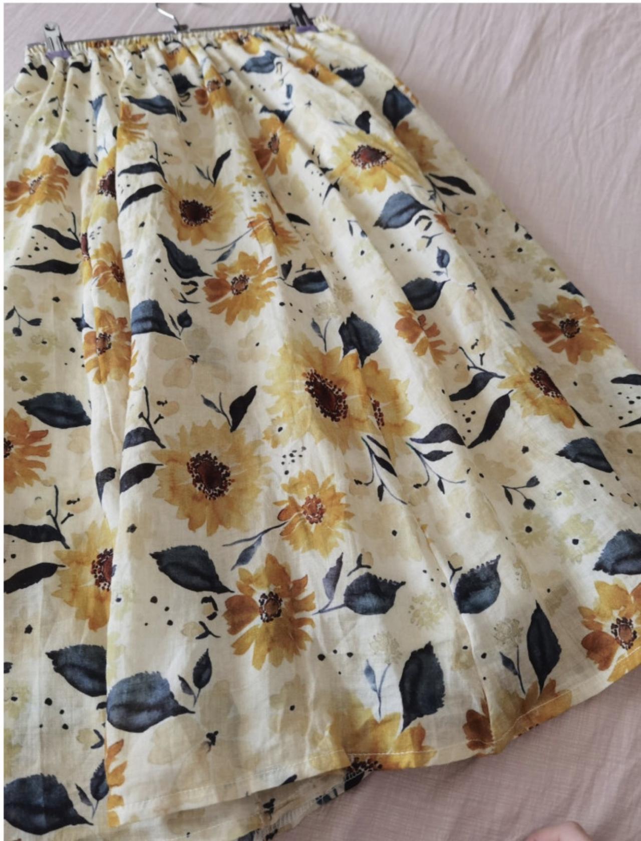 Summer, high grade dyeing, sunflower worsted, natural ramie, A-line long skirt  3569