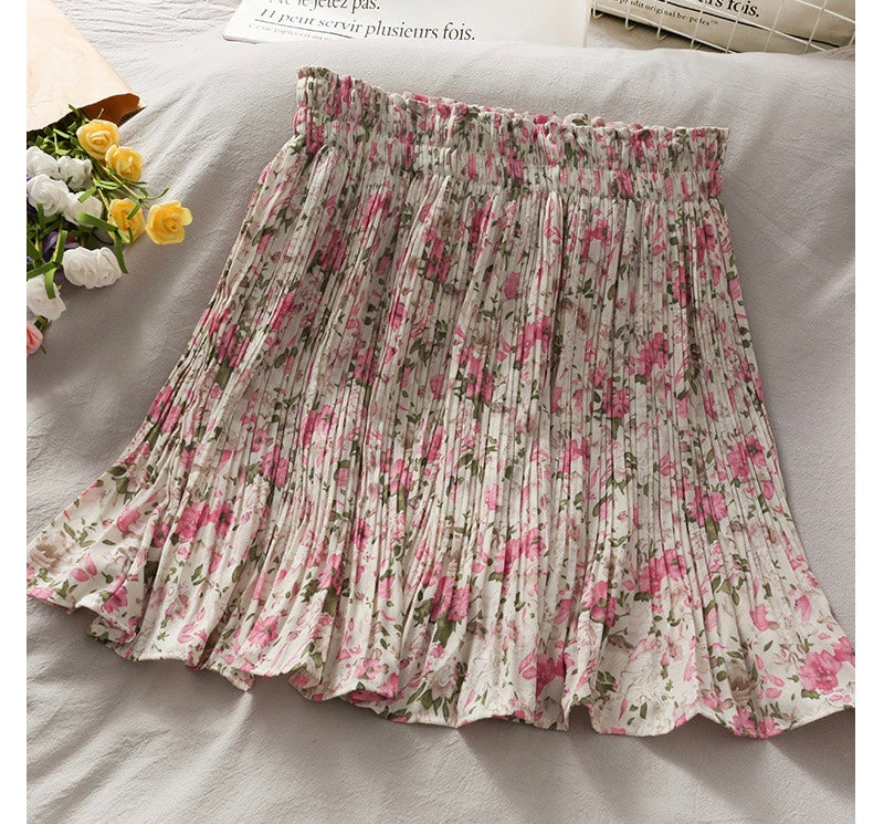 Vintage, elasticated waist, print pleated skirt, floral short skirt  3594