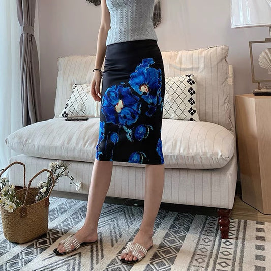 Nouveau style, jupe moulante haute Fanny imprimée, jupe extensible fendue avec peinture à l'encre 3536