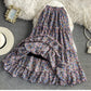 New style, high waist, elastic waist A-line vintage chiffon skirt, floral splicing midi skirt  3561