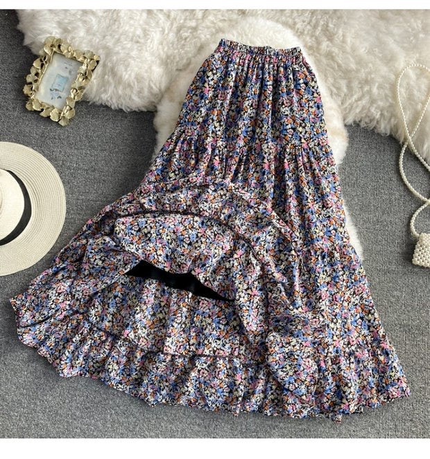 New style, high waist, elastic waist A-line vintage chiffon skirt, floral splicing midi skirt  3561