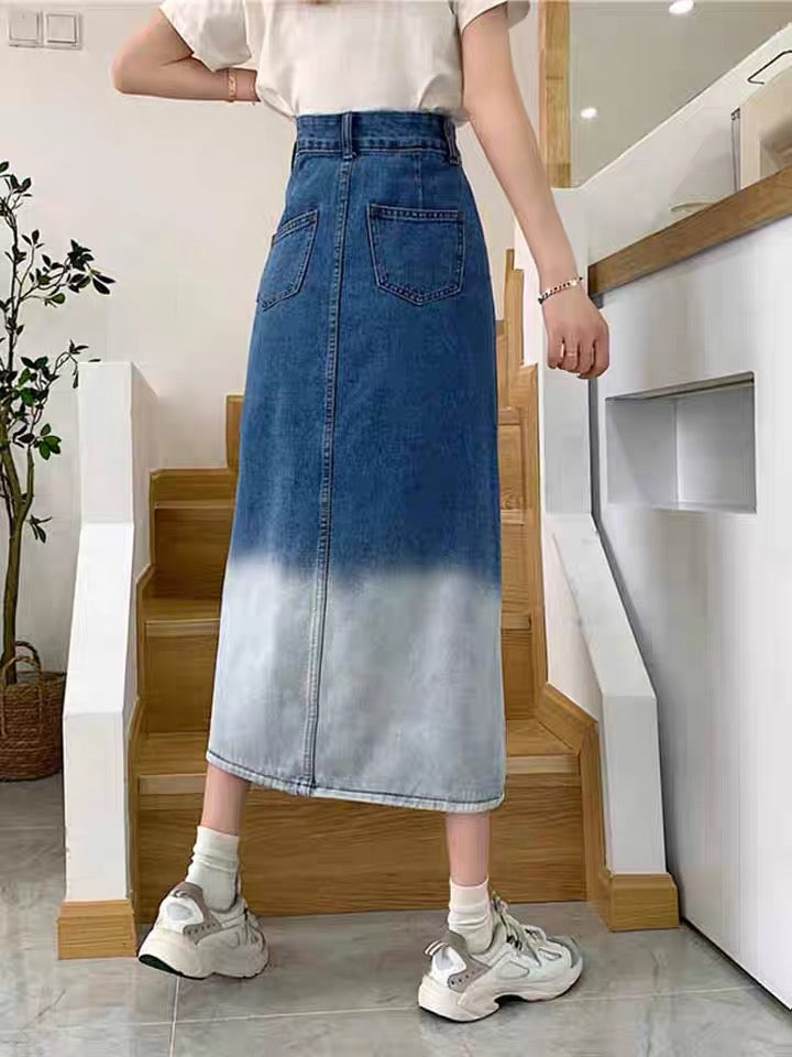 Irregular gradient denim skirt, high waist slit medium long skirt  3549