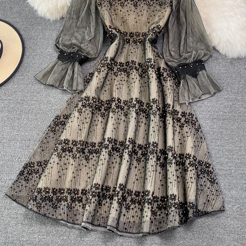 Chiffon stitched crew neck hollowed out embroidery lace dress  3776