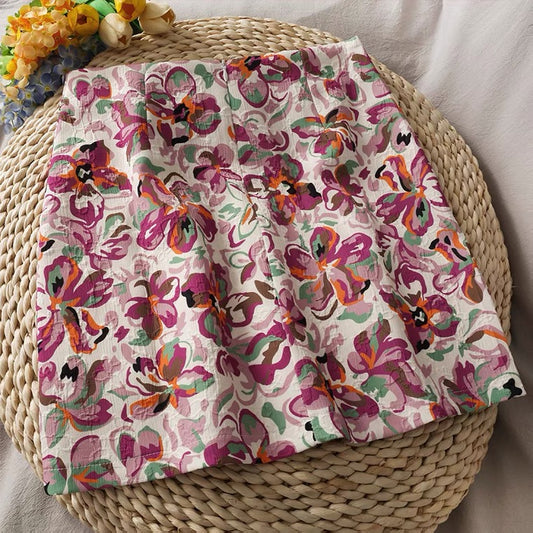 Vintage, printed high-waisted, short-cut skirt, embossed A-line skirt  3600