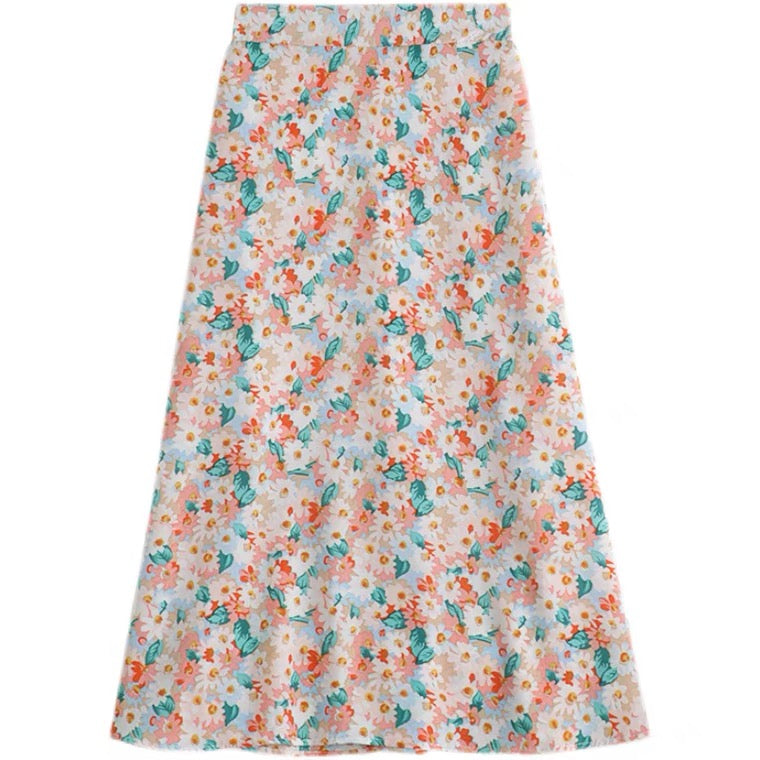 New style, small Daisy chiffon print A-line skirt, high waist full skirt, mid-length skirt  3560