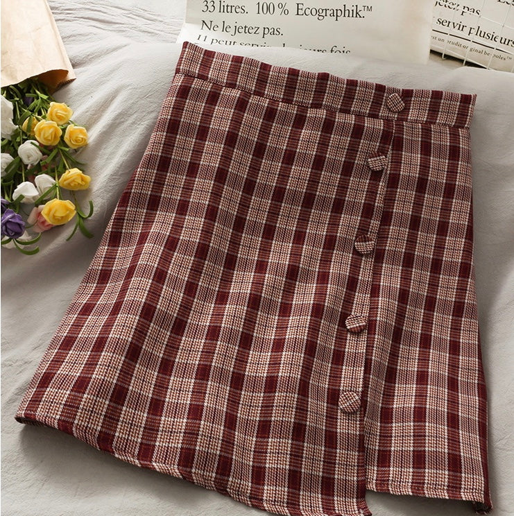 Jupe trapèze taille haute à poitrine irrégulière, littéraire, petite et fraîche, jupe à carreaux 3614