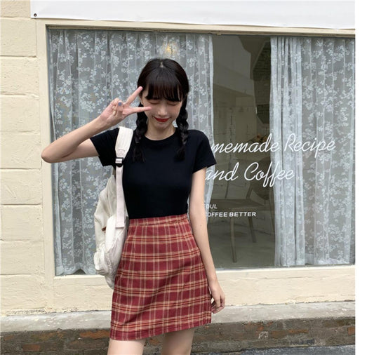 Chic short style plaid skirt, high waist a -line skirt, wrap buttock skirt  3626