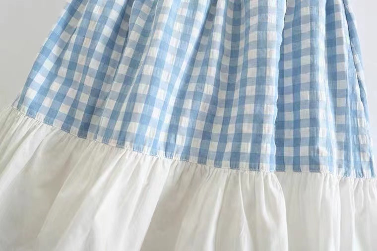 Jupe trapèze à volants à carreaux bleu clair, jupe d'été taille haute pour étudiantes 3575