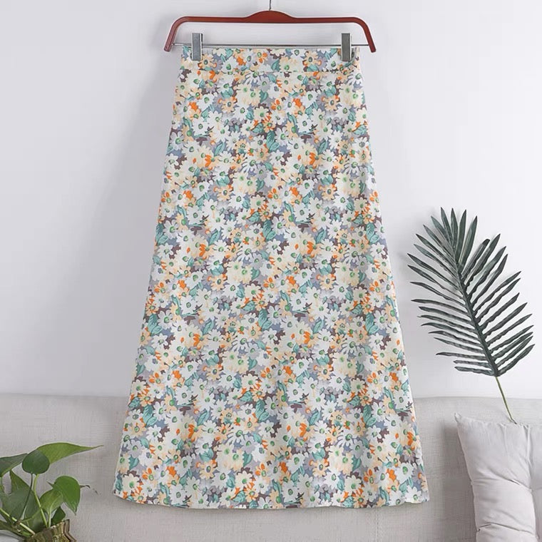 New style, small Daisy chiffon print A-line skirt, high waist full skirt, mid-length skirt  3560