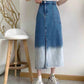 Irregular gradient denim skirt, high waist slit medium long skirt  3549