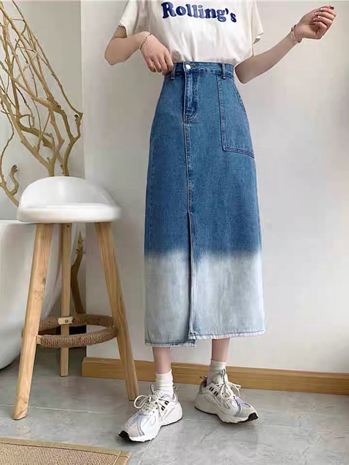 Irregular gradient denim skirt, high waist slit medium long skirt  3549