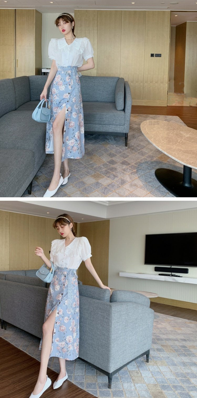 Nouveau style, tempérament, jupe midi fendue, longue jupe trapèze fleurie 3552