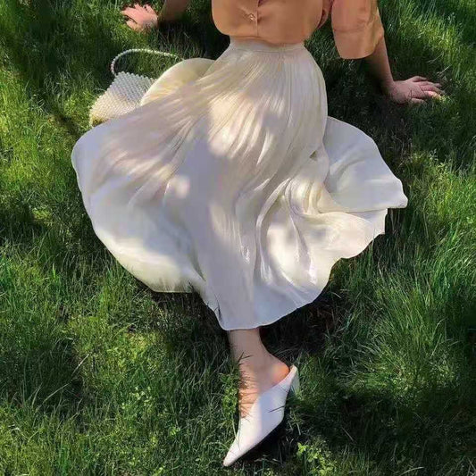 Jupe mi-longue en soie ammoniaque cuivrée lumineuse, jupe soyeuse brillante à plis nacrés, jupe midi trapèze 3591