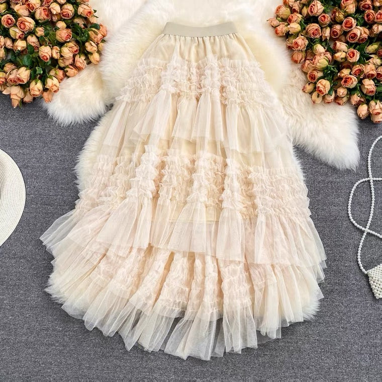 Nouveau style, taille haute, couleur unie, ourlet irrégulier, jupe pompeuse à épissure en maille, jupe ample trapèze 3527