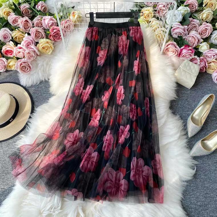 Fashion print skirt, elastic waist gauze skirt, new style, high waist pleated skirt, A-line skirt mid-length skirt  3523