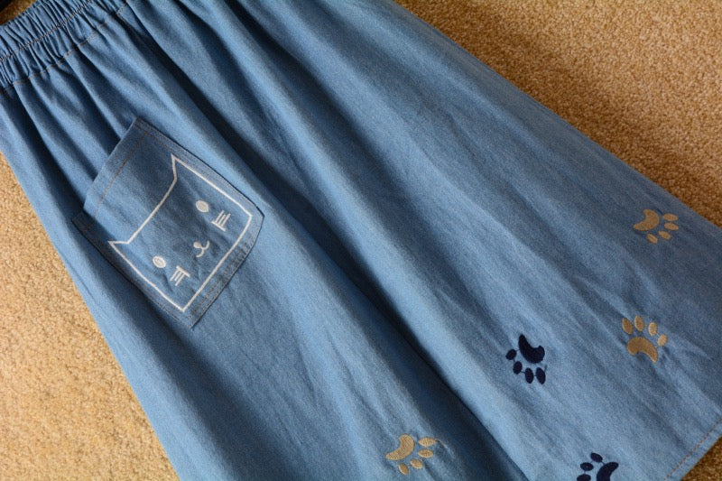 Spring and summer, new ,denim skirt, cute cat embroidery, high waist big swing mid-length skirt, A-line skirt  3611