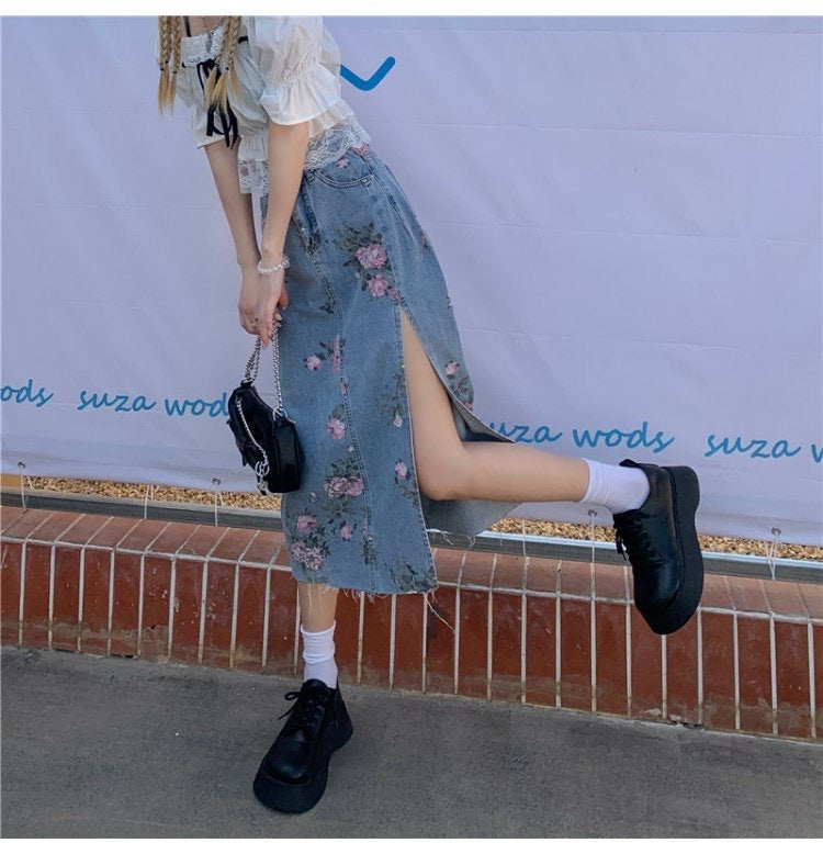 Jupe en jean, jupe trapèze mi-longue avec fente florale 3551