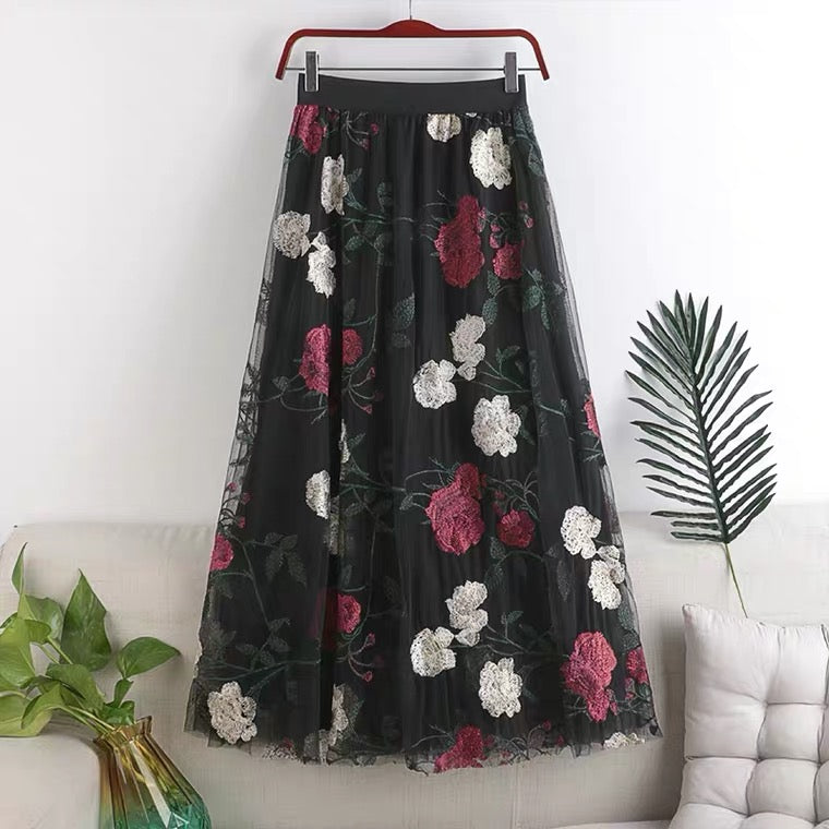 Embroidered large flowers, stylish, sweet mesh midi fairy skirt  3632