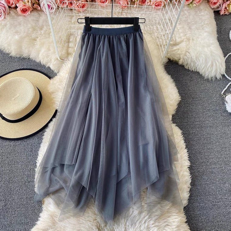 Elastic waist irregular mesh skirt, high waist medium long A-line skirt, fairy skirt shaggy skirt  3525