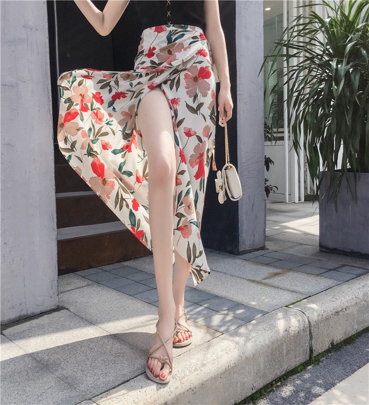 Summer, new style, chiffon split skirt, floral, high waist tie, beach sun protection holiday wrap skirt  3628