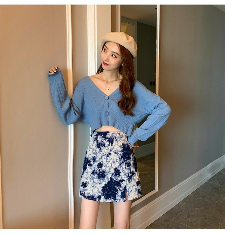 Jupe de peinture à l'huile, nouveau style, taille haute, jupe courte, jupe fesse, jupe trapèze fendue 3558