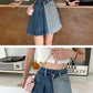 Spice Girl denim skirt, American vintage pleated skirt, patchwork high-waisted A-line shorts  3554