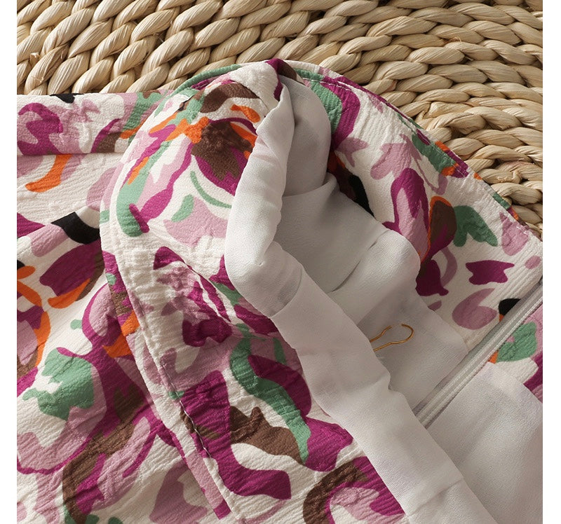 Vintage, printed high-waisted, short-cut skirt, embossed A-line skirt  3600