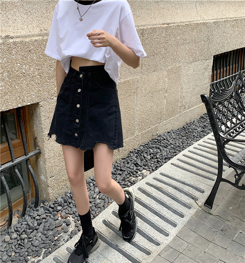 Irregular black skirt, summer, new style, high-waisted A-line skirt  3656