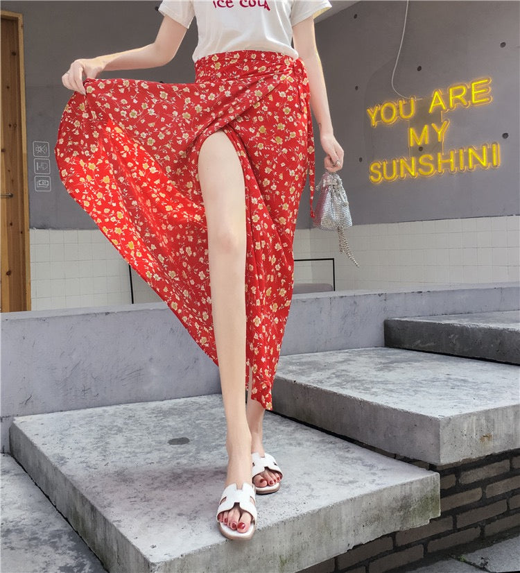 Summer, new style, chiffon split skirt, floral, high waist tie, beach sun protection holiday wrap skirt  3628