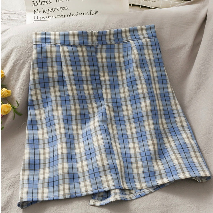 Jupe trapèze taille haute à poitrine irrégulière, littéraire, petite et fraîche, jupe à carreaux 3614