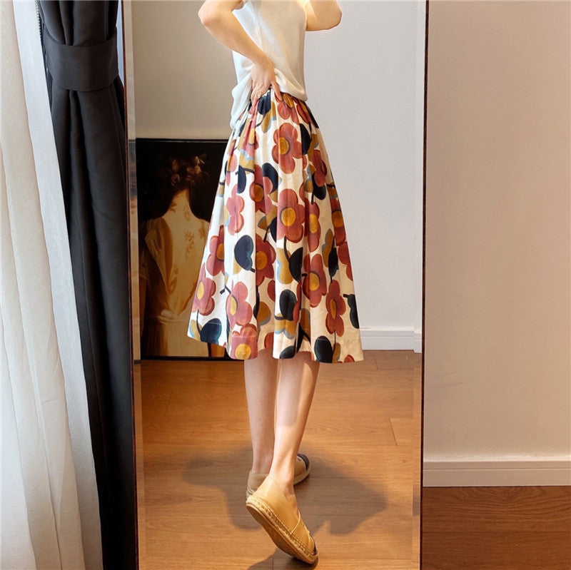 New spring/summer, bright, comfortable cotton, A-line printed skirt  3566