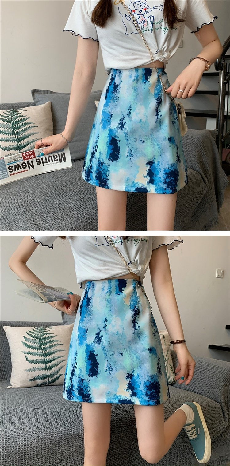 Personality ink bodyocn skirt, temperament, gentle high waist skirt, versatile A-line skirt  3557