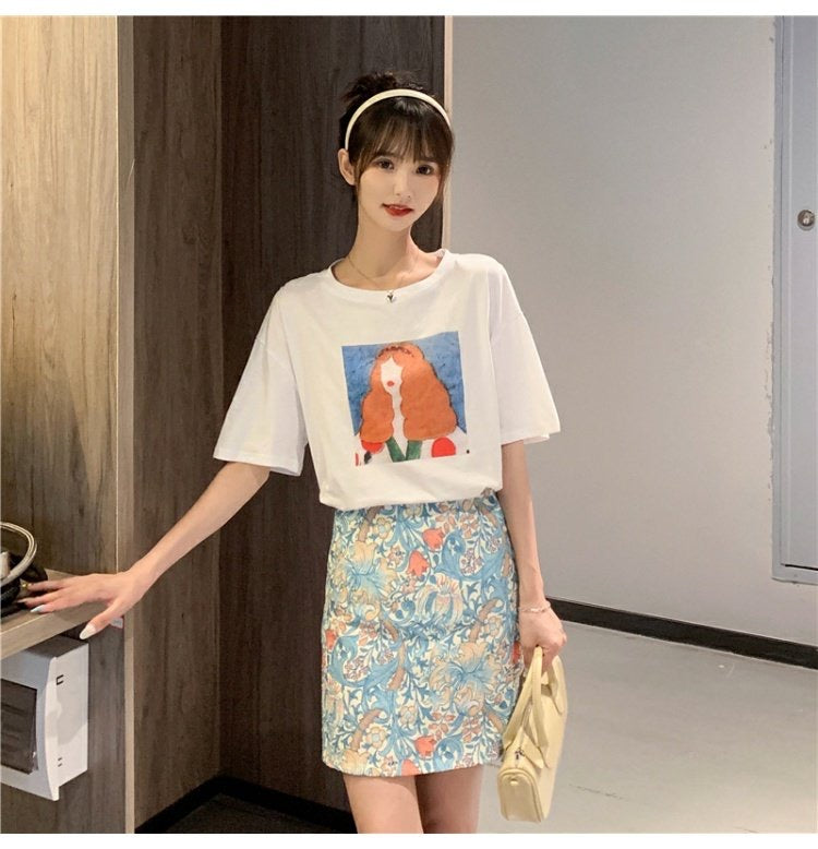 Jupe à fleurs cassées peinte à l'huile, été, jupe moulante fine, jupe midi taille haute 3555