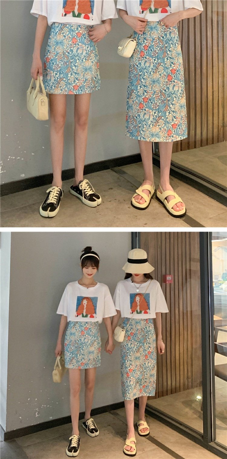 Jupe à fleurs cassées peinte à l'huile, été, jupe moulante fine, jupe midi taille haute 3555