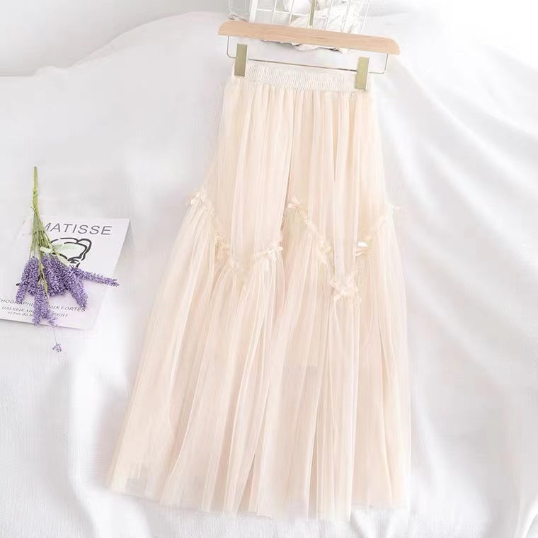 Jupe en gaze à taille élastique avec nœud, CHIC, jupe basse automne et hiver, jupe fille, jupe ample 3529