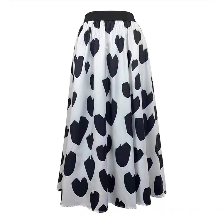 Jupe mi-longue à imprimé coeur, vent doux, jupe trapèze fine taille haute 3595