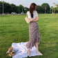Midi floral skirt, new style, high waist, drawstring fishtail A-line skirt  3652