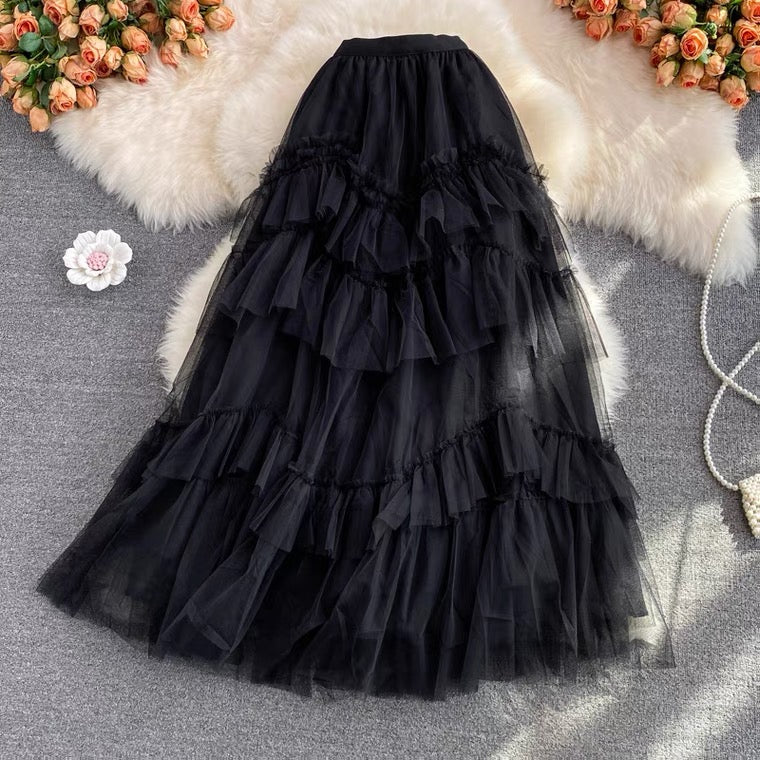 High waist mid length over the knee skirt, versatile cake skirt mid skirt mesh skirt, elastic waist pleated skirt  3528