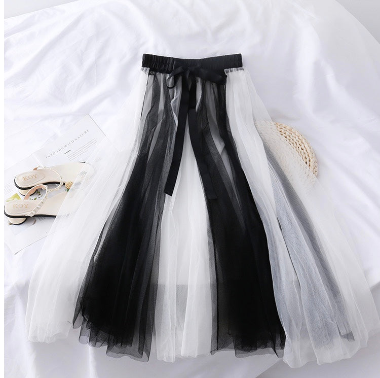 Jupe bouffante taille haute en maille fine, nœud papillon, super fée, jupe mi-longue assortie aux couleurs 3601